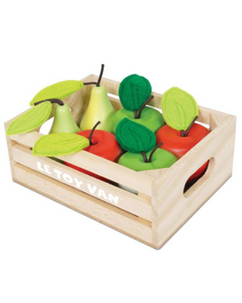 CAJA DE MADERA CON MANZANAS Y PERAS